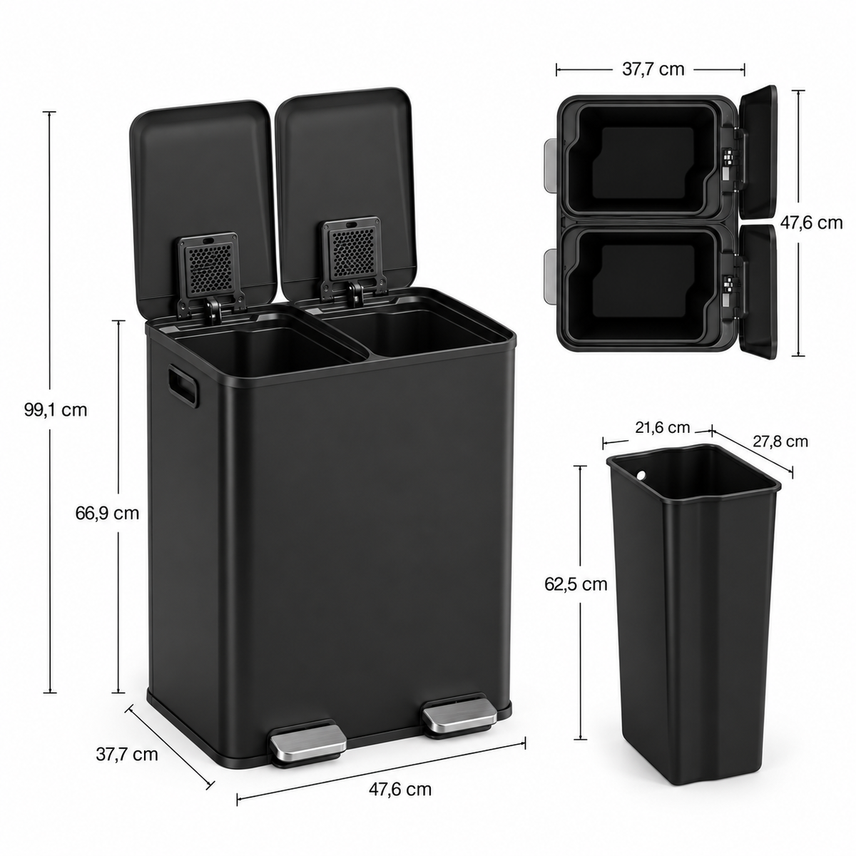Poubelle double compartiment 60L en acier inoxydable – Tri sélectif design