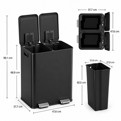 Poubelle double compartiment 60L en acier inoxydable – Tri sélectif design