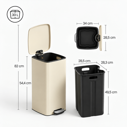 Poubelle Cuisine 30L Rectangulaire en Acier - Beige Sable - Design Élégant