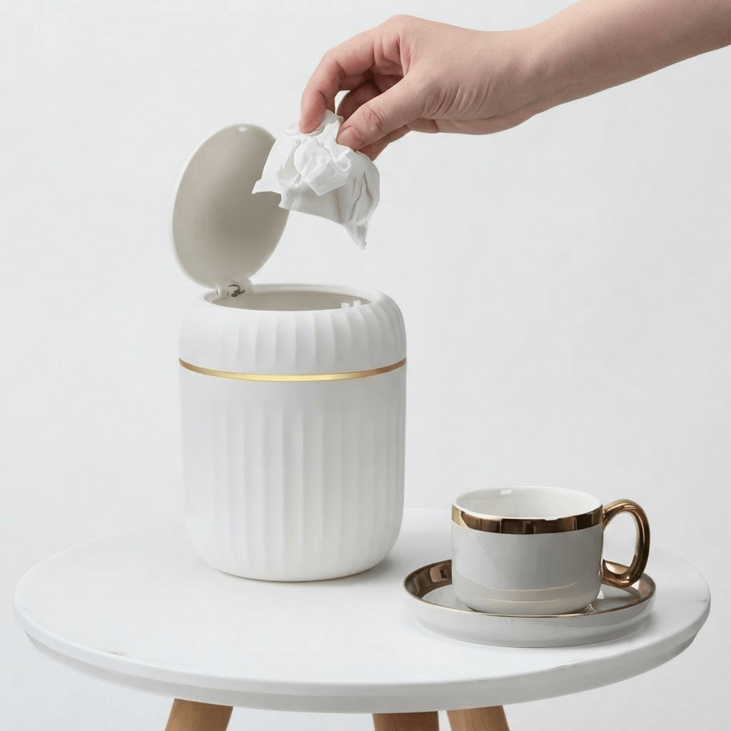 Mini Poubelle de Bureau Design avec Couvercle Cannelé