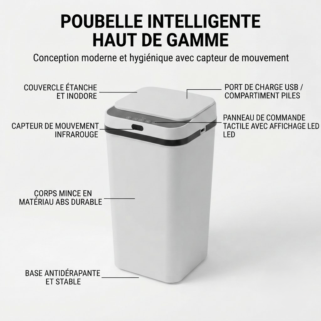 Poubelle Automatique 12L – Intelligente, Sans Contact & Design pour Cuisine ou Salle de Bain