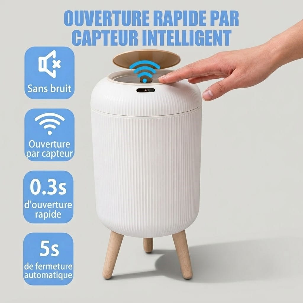 Poubelle automatique intelligente 10L - Design épuré avec pieds bois
