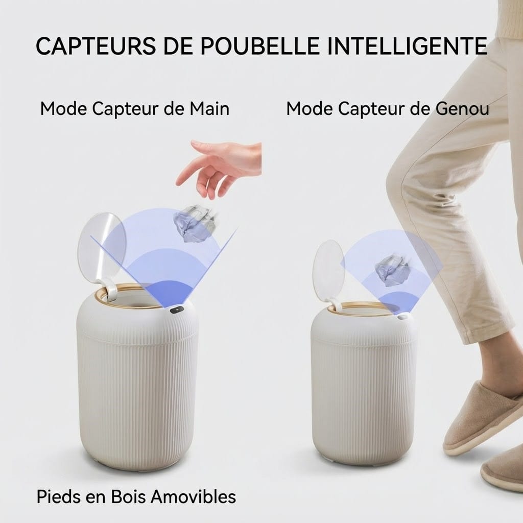 Poubelle automatique intelligente 10L - Design épuré avec pieds bois