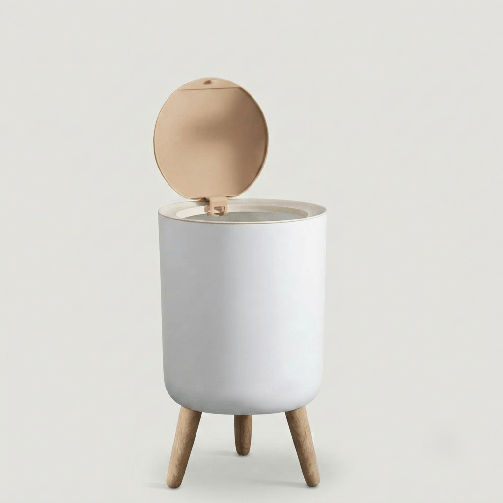 Poubelle Bureau Design Ronde avec Couvercle Effet Bois - Style Épuré