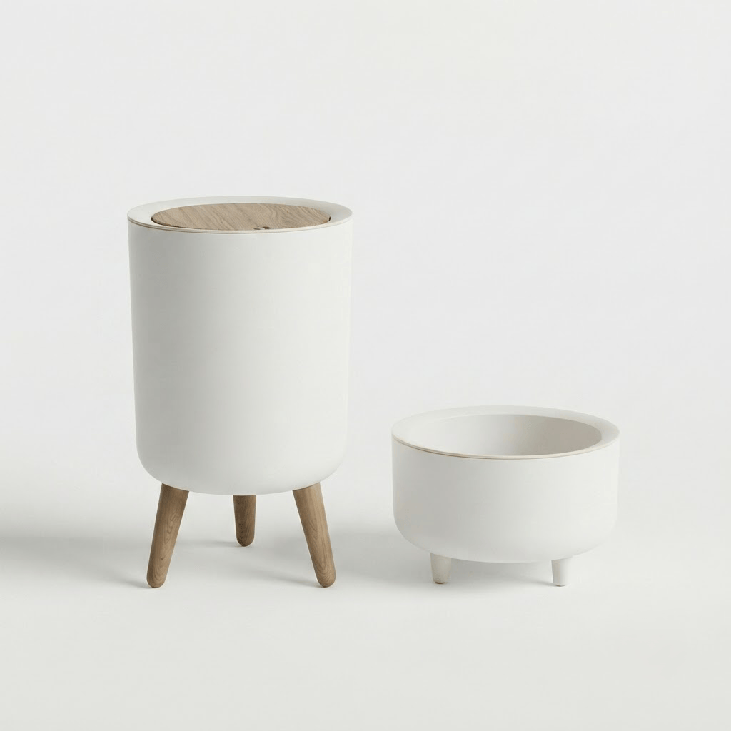 Poubelle Bureau Design Ronde avec Couvercle Effet Bois - Style Épuré