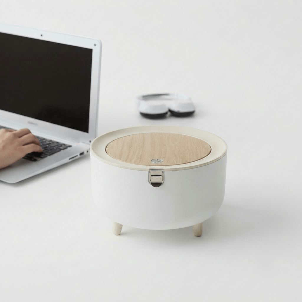 Poubelle Bureau Design Ronde avec Couvercle Effet Bois - Style Épuré