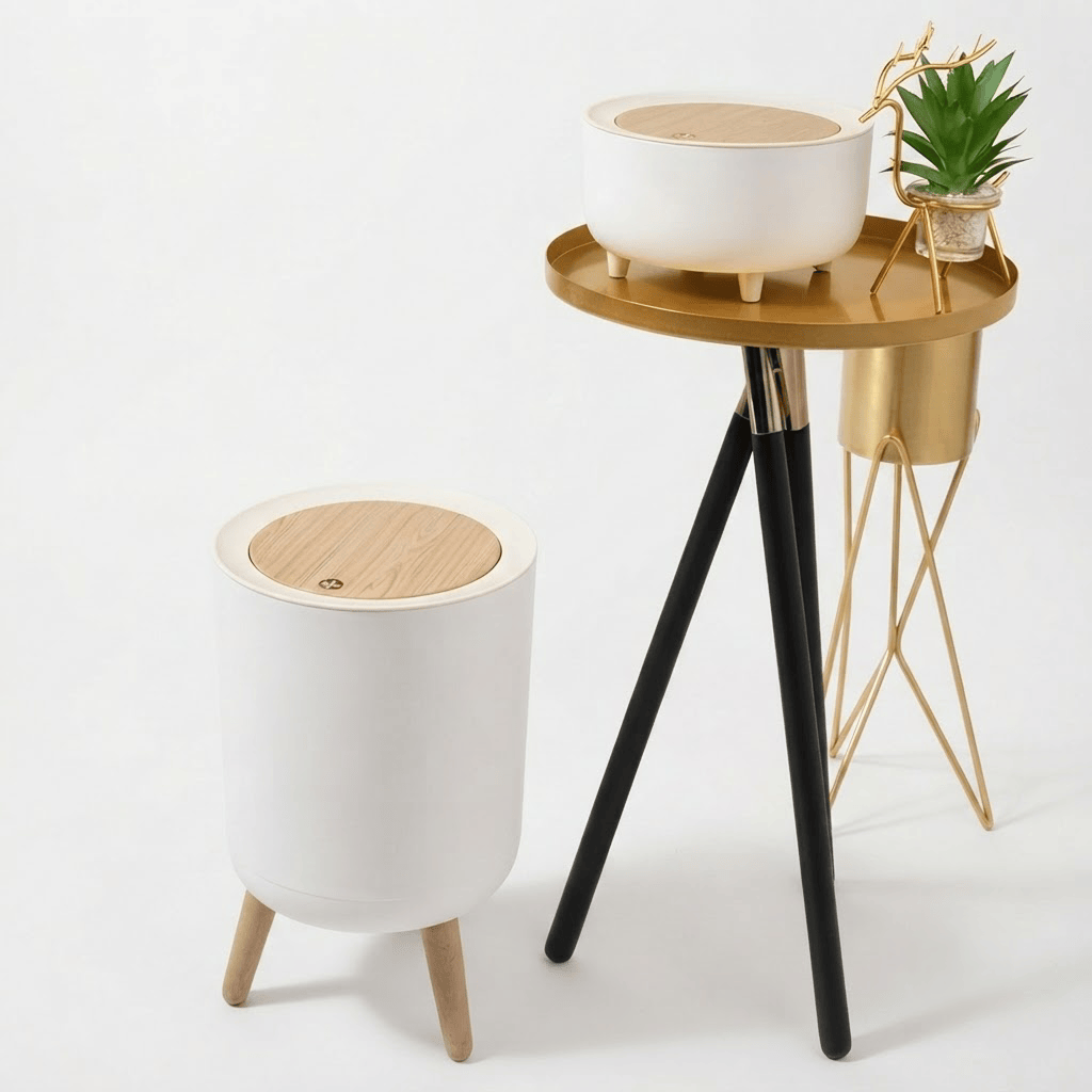 Poubelle Bureau Design Ronde avec Couvercle Effet Bois - Style Épuré