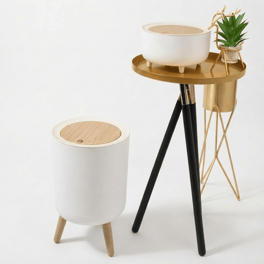 Poubelle Bureau Design Ronde avec Couvercle Effet Bois - Style Épuré