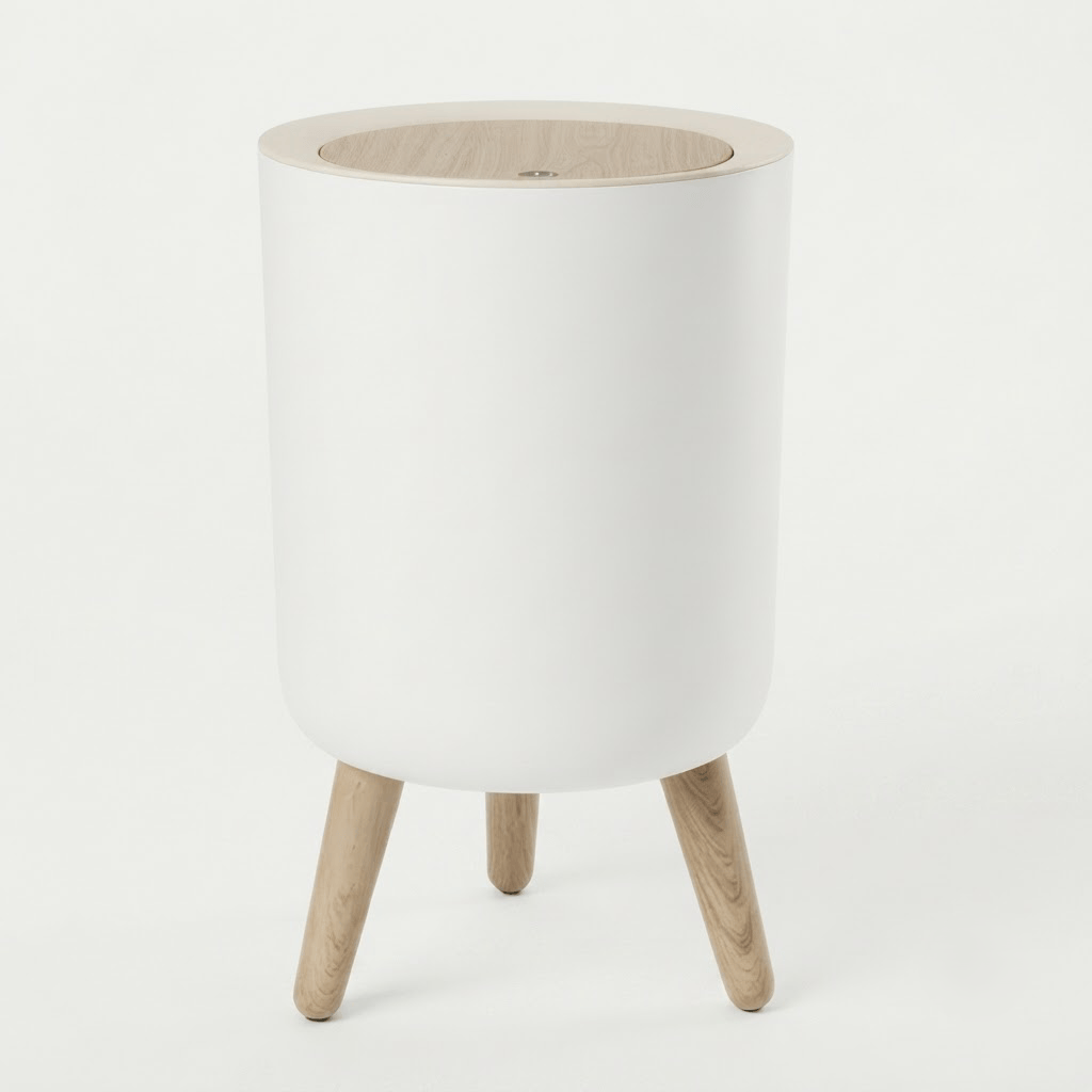 Poubelle Bureau Design Ronde avec Couvercle Effet Bois - Style Épuré