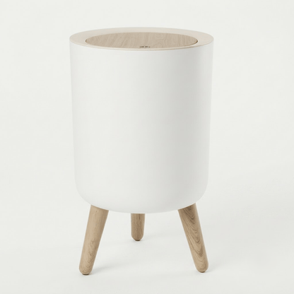 Poubelle Bureau Design Ronde avec Couvercle Effet Bois - Style Épuré