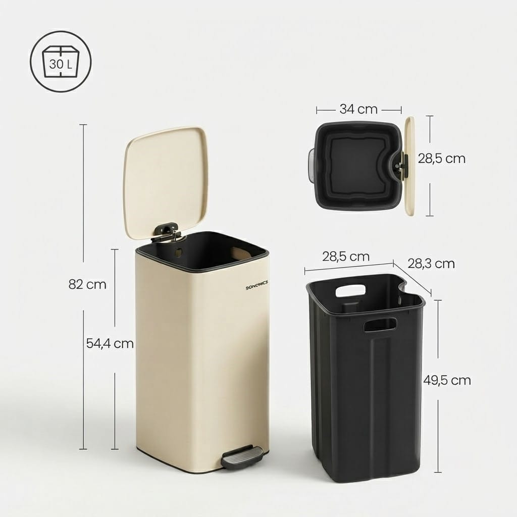 Poubelle Cuisine 30L Rectangulaire en Acier - Beige Sable - Design Élégant