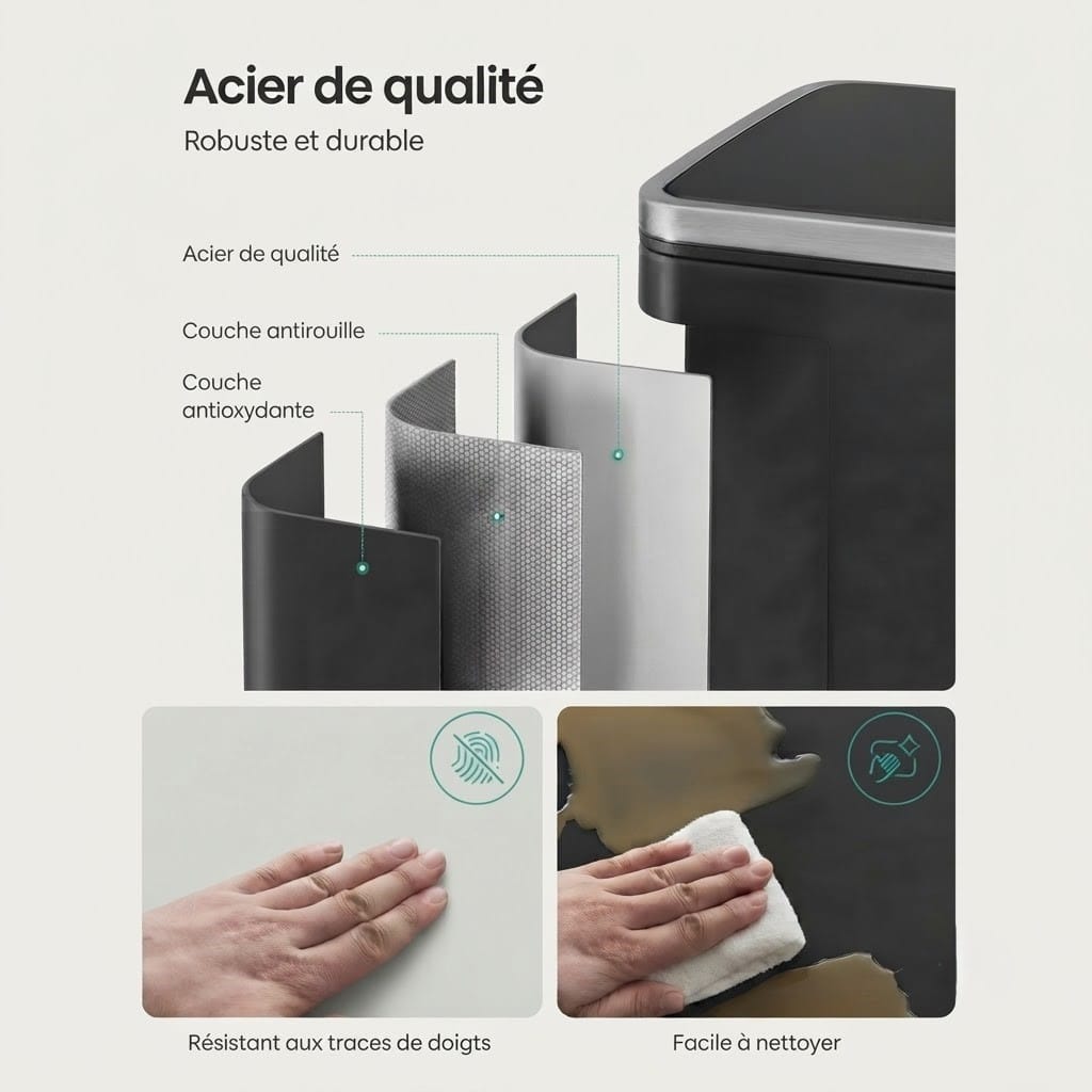 Poubelle cuisine 50L noire en acier – Design élégant et robuste