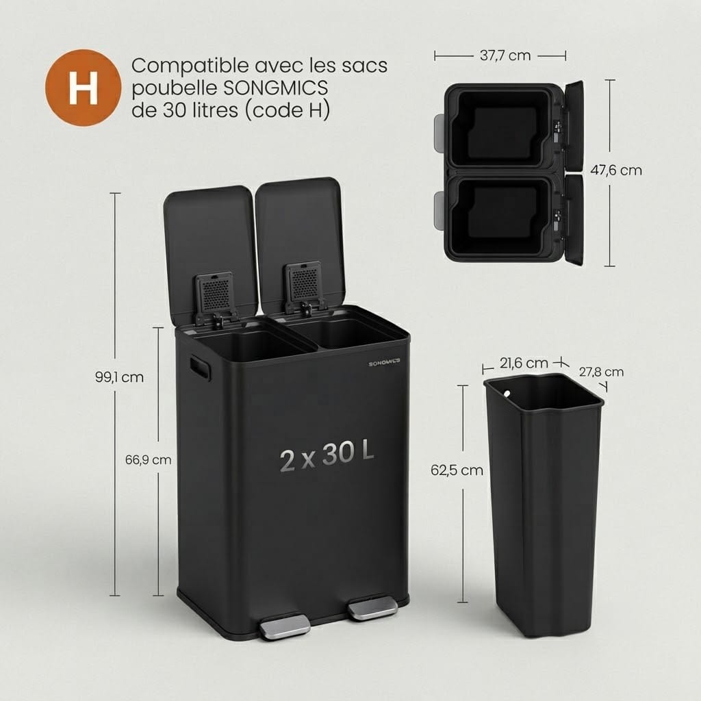 Poubelle double compartiment 60L en acier inoxydable – Tri sélectif design