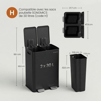 Poubelle double compartiment 60L en acier inoxydable – Tri sélectif design