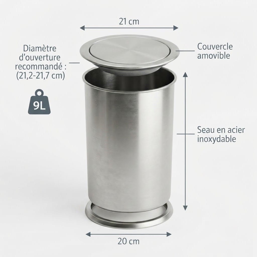 Poubelle encastrable ronde en inox pour plan de travail