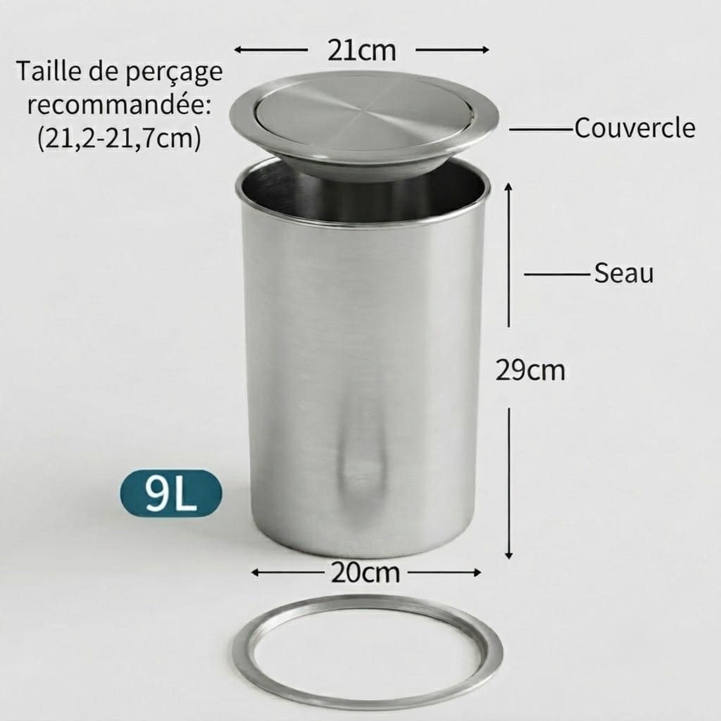 Poubelle encastrable ronde en inox pour plan de travail