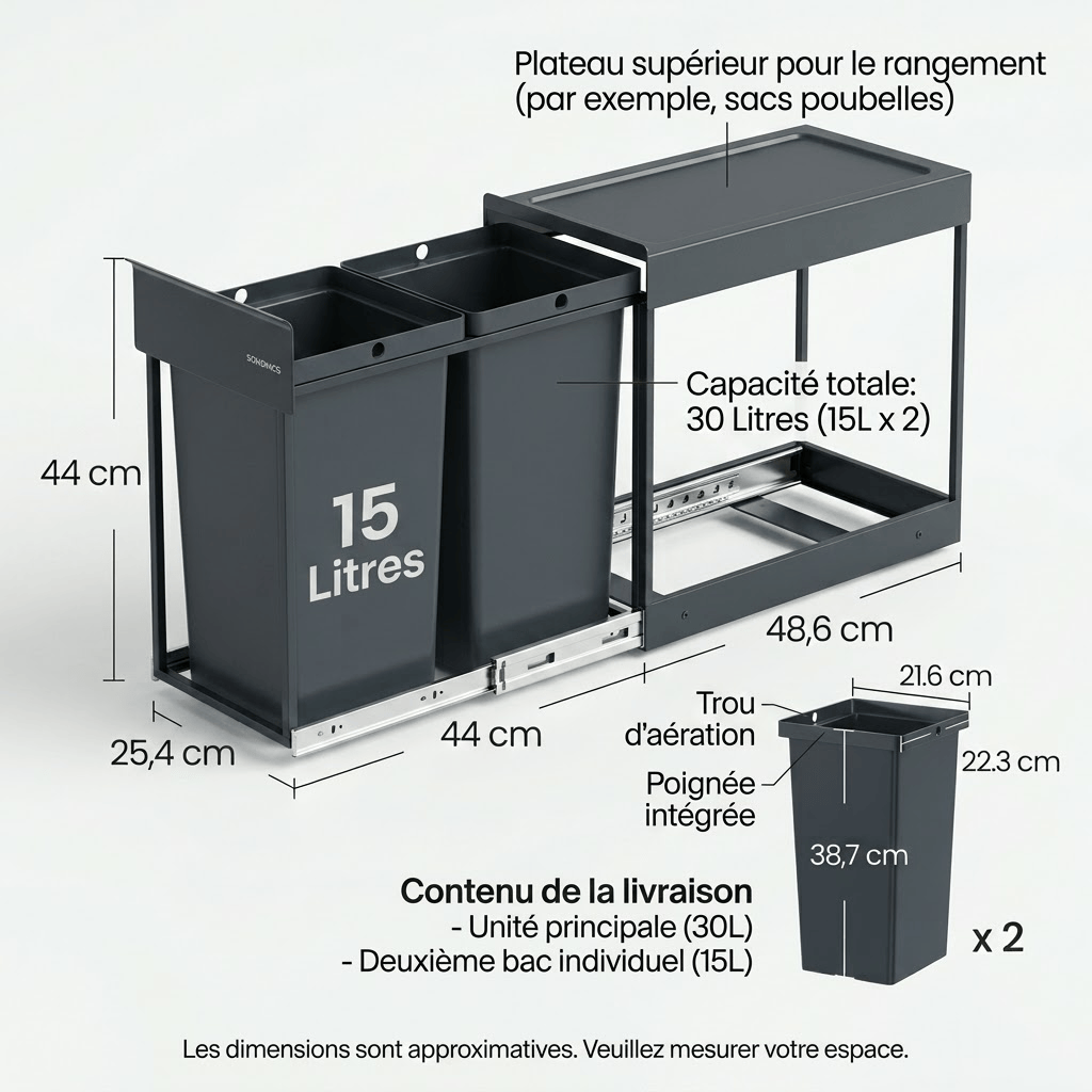 Poubelle sous évier coulissante 2x15L – Double compartiment de tri