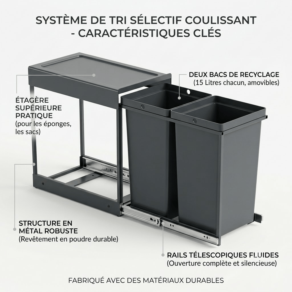 Poubelle sous évier coulissante 2x15L – Double compartiment de tri
